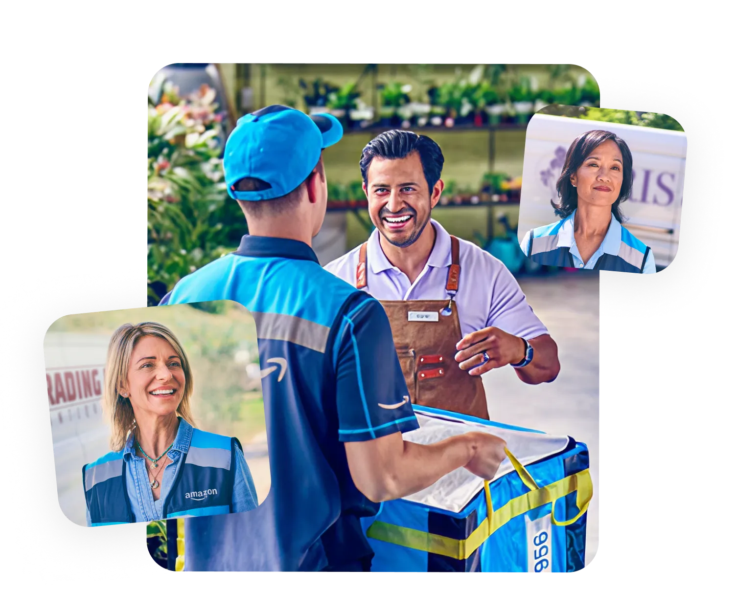 Amazon delivery workers interacting with smiling customers in different settings.